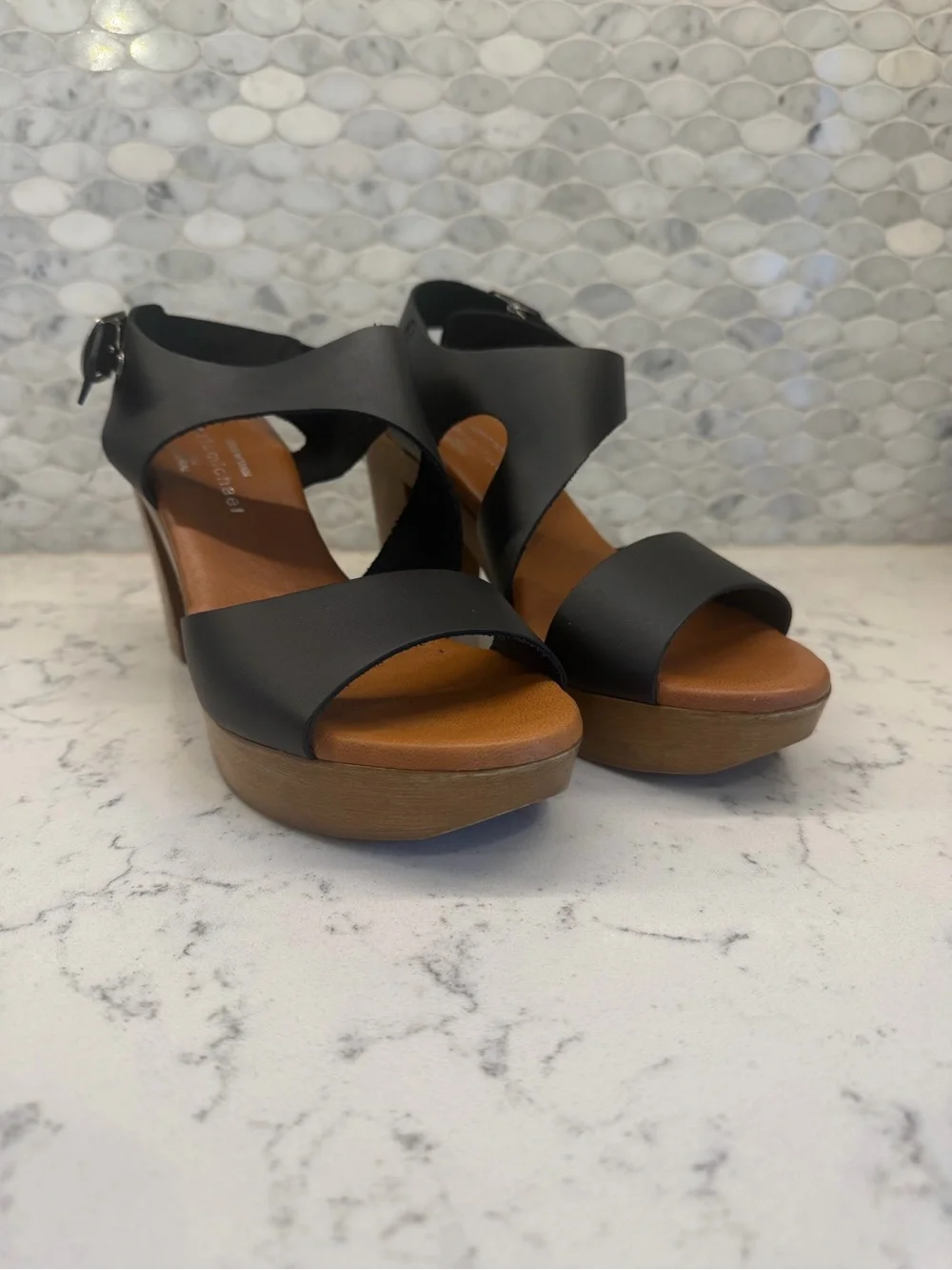 Eric Michael Black Wedge Sandals with Tan Platform
